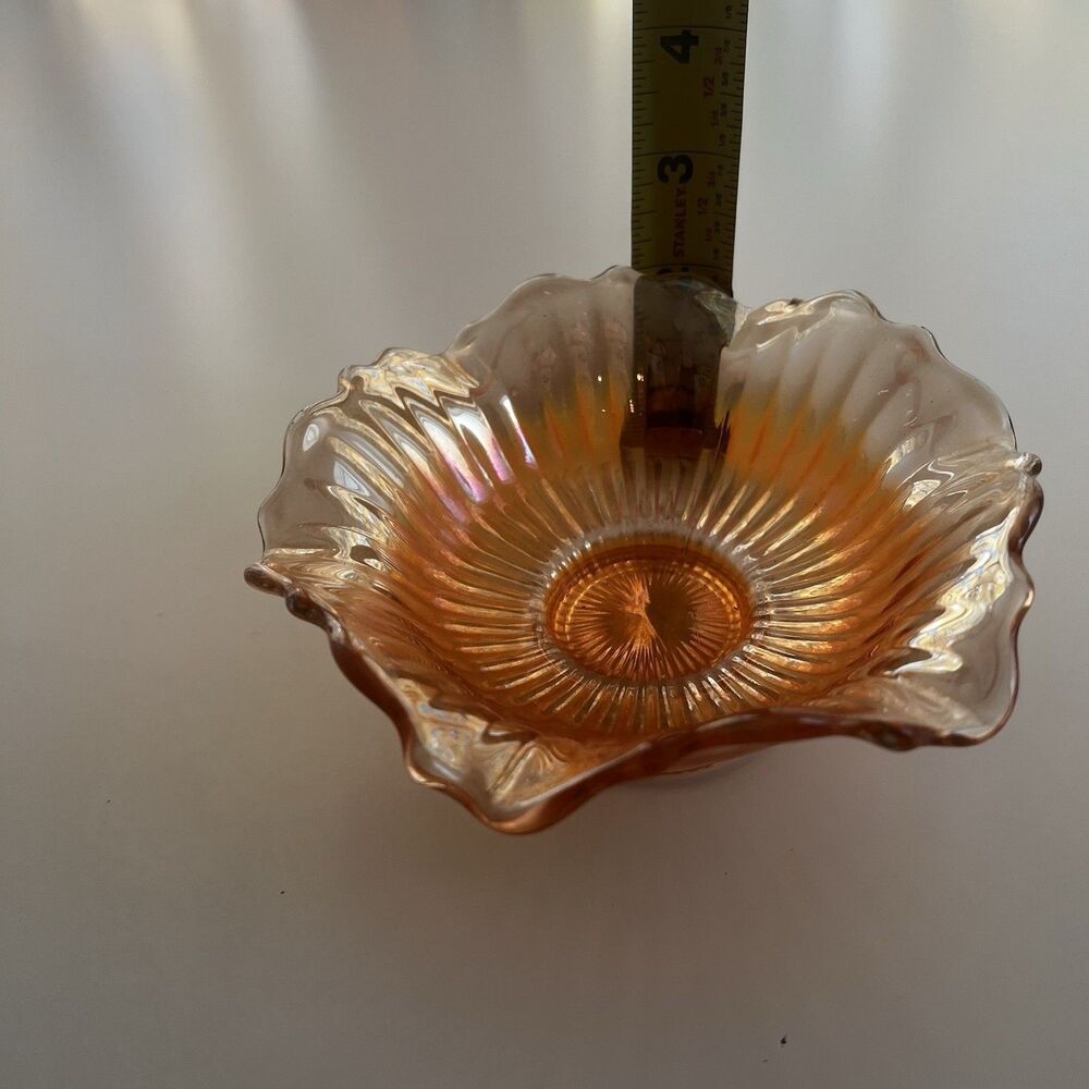 Vintage Marigold Carnival Glass Serving Bowl, 6", Starburst, Ribbed & Ruffled - Picture 7 of 7